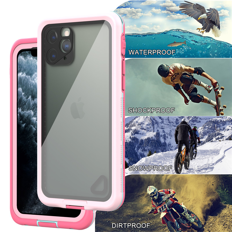 Iphone 11 pro hengenkestävä kotelo vedenpitävä matkalaukku paras vesitiivis kotelo iPhone 11 pro (vaaleanpunainen) läpinäkyvällä takakuorella