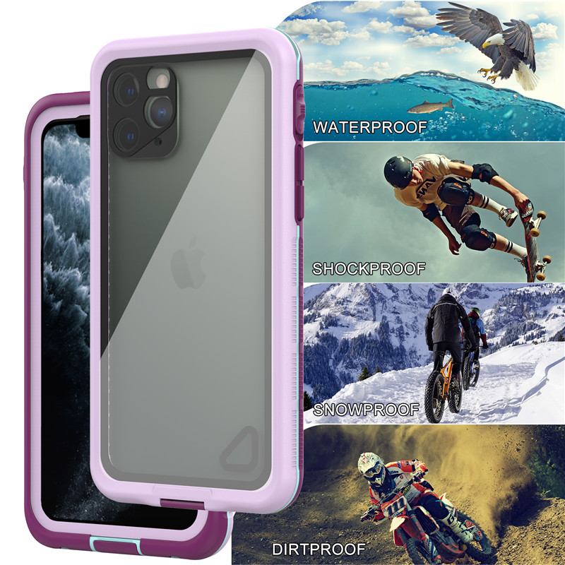 Paras vedenpitävä kännykän kotelo vedenpitävä vedenpitävä puhelinsuojus iphone 11 pro (violetti) ja läpinäkyvä taustasuojus